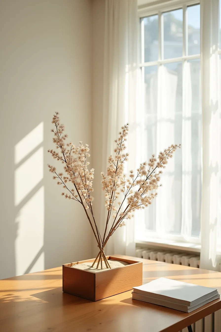 Wooden box filled with sand holding pussy willow, curly willow, and flowering quince branches on a wood table.