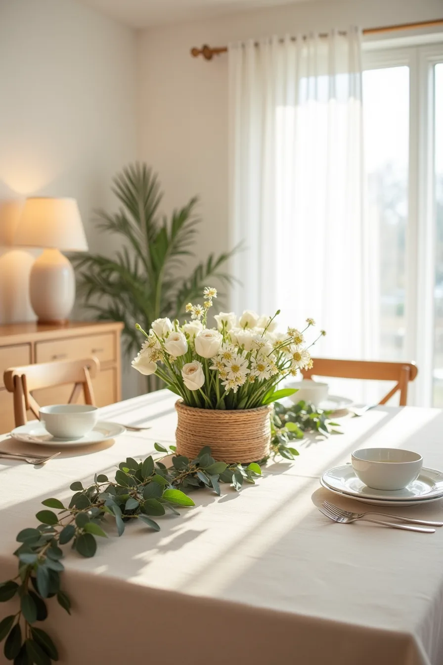 Dining table with removable runner, loose garland, and woven basket of potted spring flowers at center.