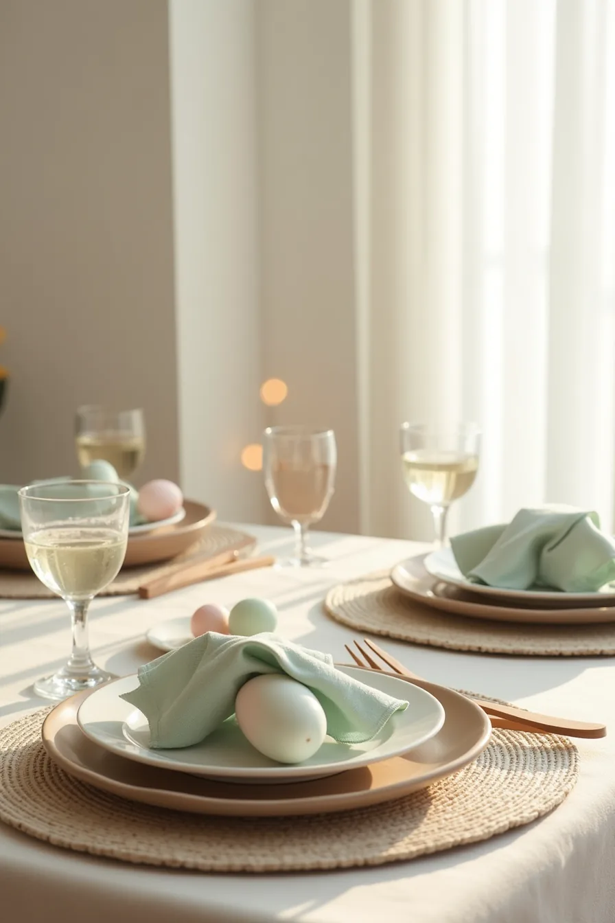 Two place settings with taupe chargers, sage napkins, wooden utensils, and pastel eggs on a neutral tablecloth.