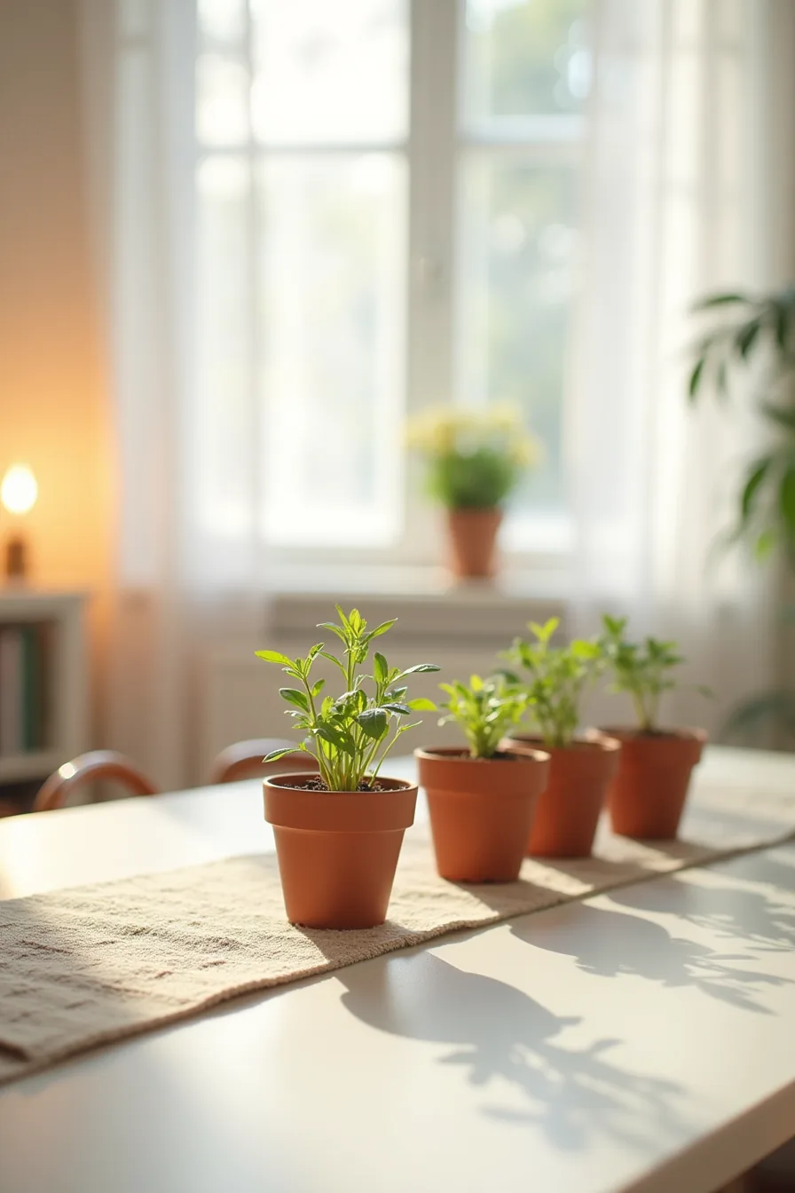 Table runner with six terracotta pots of sprouting herbs and seedlings arranged in two rows on a ceramic table.