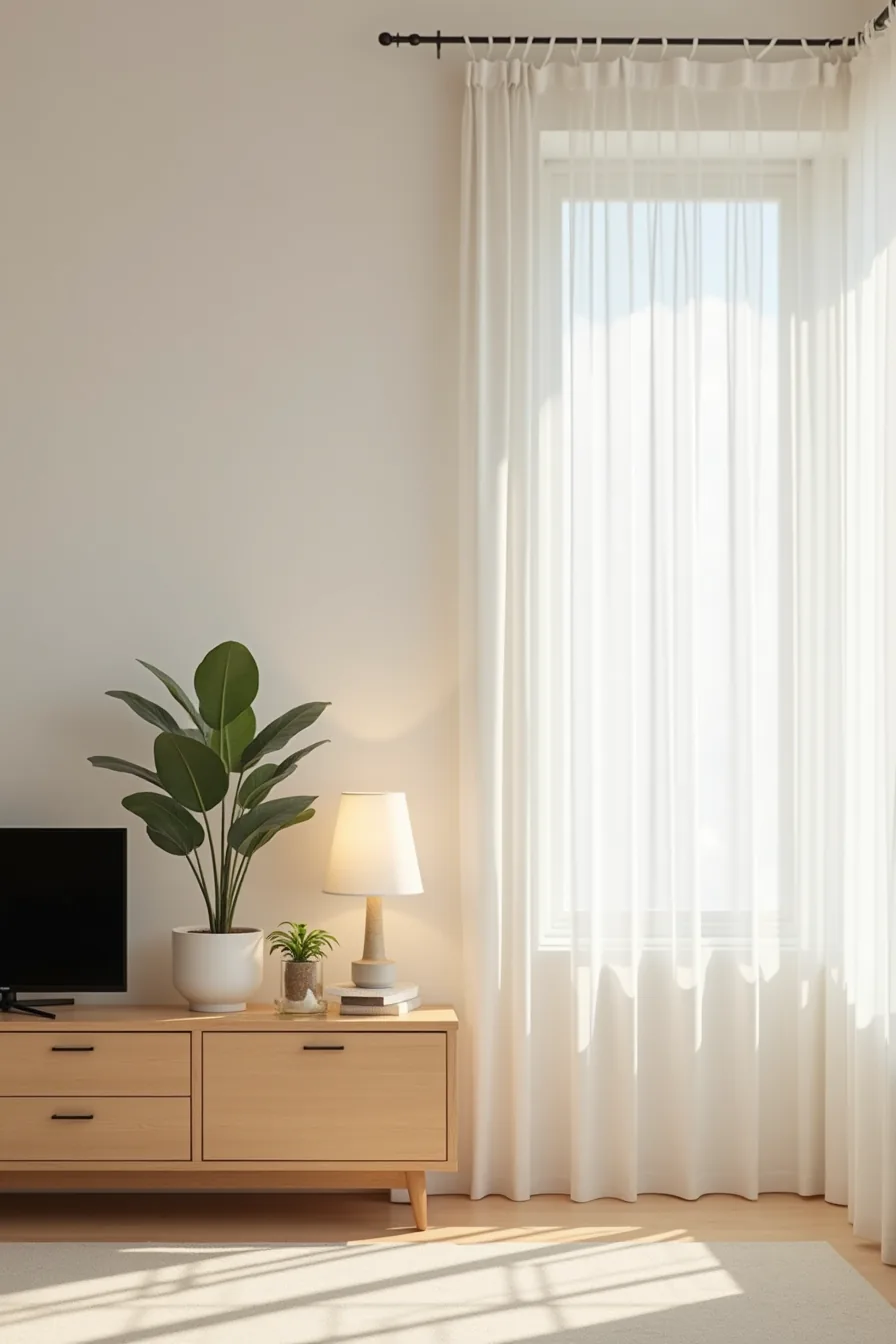 Console with closed cabinet storage topped with a TV, small decorative object, and potted plant on a clear surface.