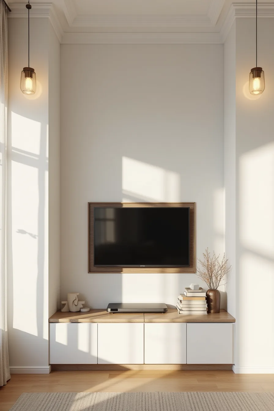 Wall-mounted TV recessed in a niche with dark wood trim edges against a white accent wall.