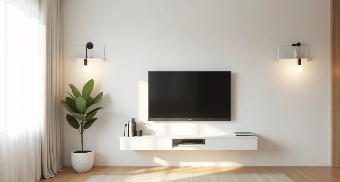 Floating shelf with flat-screen TV centered between two white wall-mounted shelves holding a potted plant and decorative