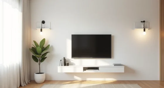 Floating shelf with flat-screen TV centered between two white wall-mounted shelves holding a potted plant and decorative