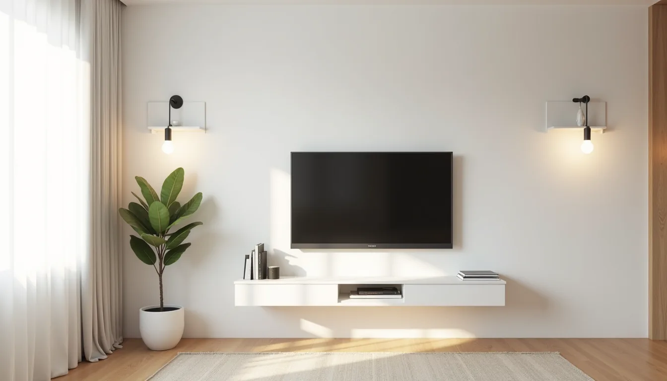 Floating shelf with flat-screen TV centered between two white wall-mounted shelves holding a potted plant and decorative