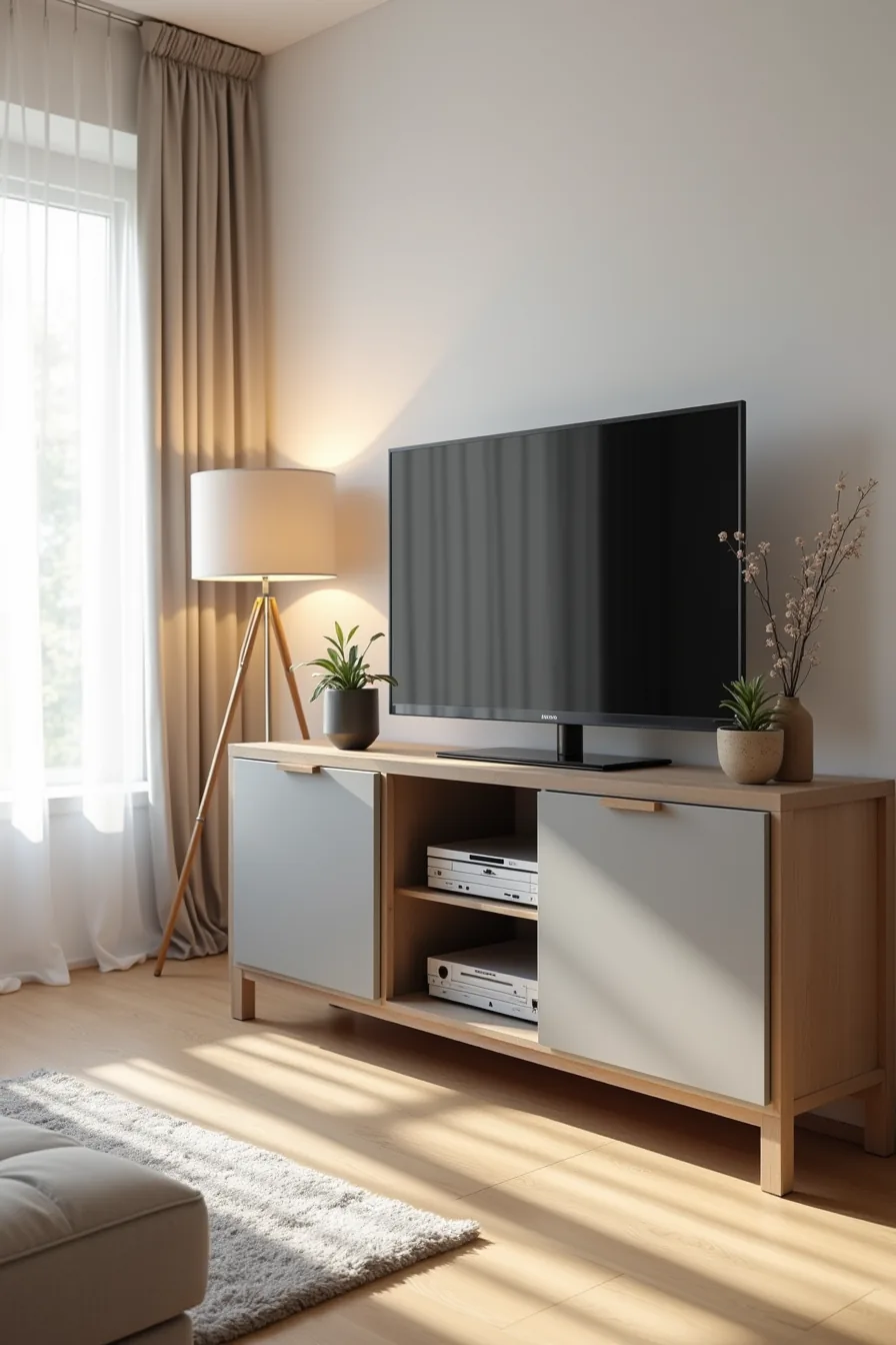Matte gray console with push-to-open cabinet doors and TV mounted on top, one door slightly open showing media boxes.