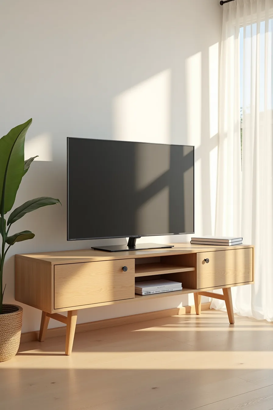 Natural oak console table with tapered wooden legs and visible wood grain supporting a TV with floor clearance visible.