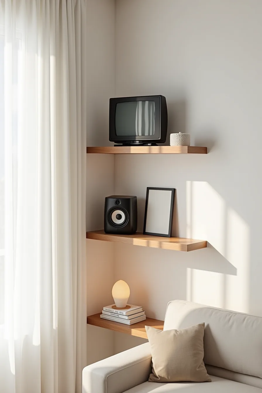Three stacked floating shelves in a corner with a compact TV on top, speaker and framed object on the middle shelf.