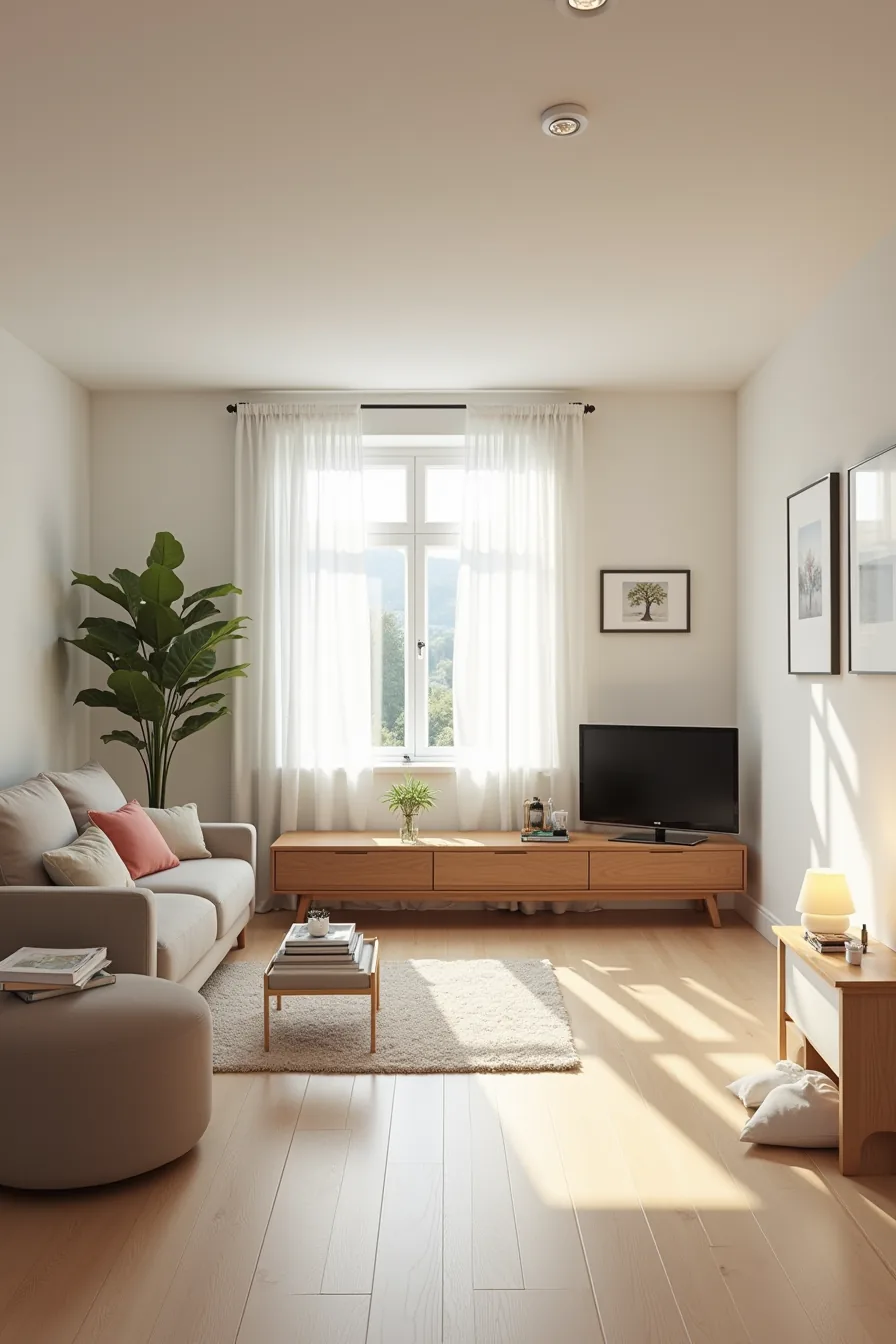 Wide walnut console with low-profile legs and TV, positioned against a wall with open floor space on both sides.