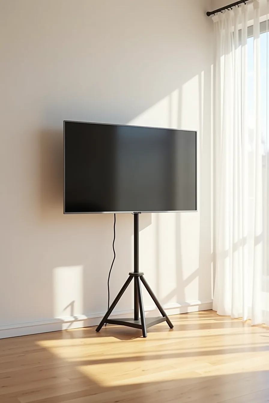 Flat-screen TV sits atop an angled metal tripod pedestal with cables running down to a base unit on light wood flooring.