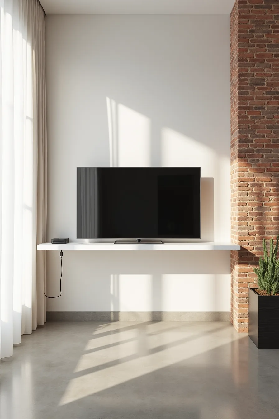 Flat-screen TV hovers on a thin white floating shelf mounted to a brick wall with concealed cables and polished concrete