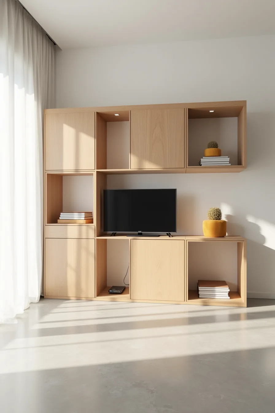 Flat-screen TV displays in the center opening of a 2×3 grid of stacked light oak cube modules with decorative boxes on