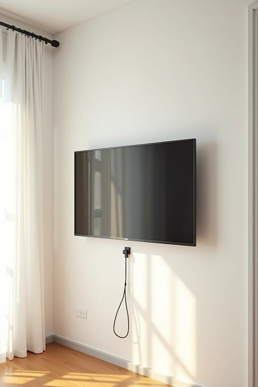 Tilting metal bracket holds flat-screen TV above a horizontal cable rail with zip-tied cables on bare wood flooring.