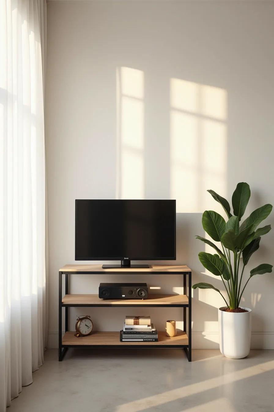 Two-tier black steel frame displays flat-screen TV on upper shelf and speaker on lower shelf above concrete flooring.