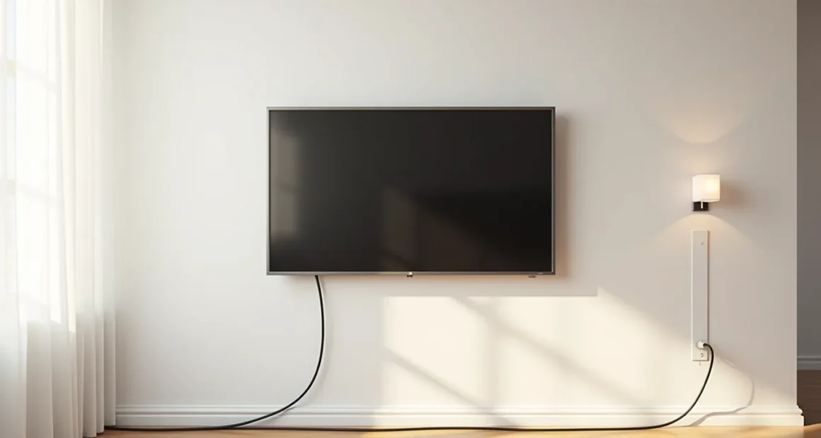 Flat-screen TV mounted on white drywall with marked studs, cable clips, and outlet box visible on hardwood flooring.