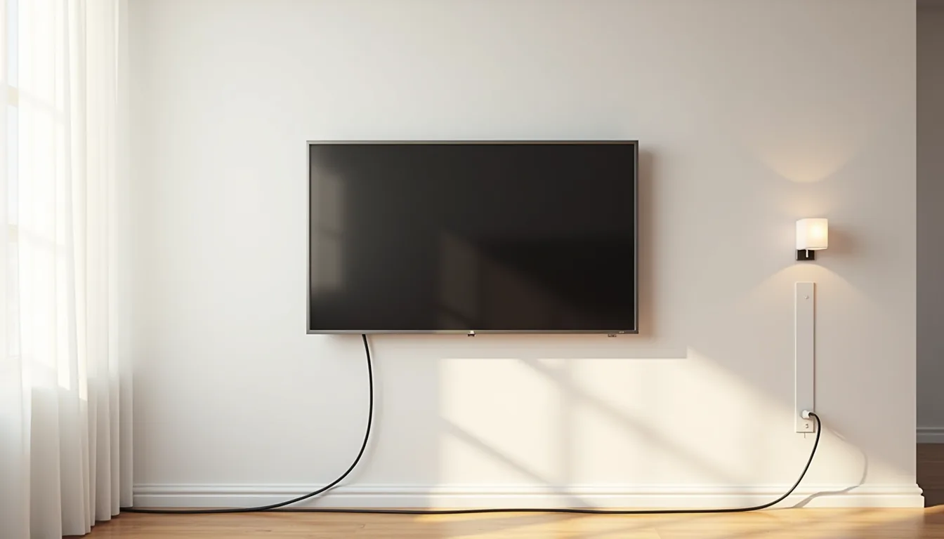 Flat-screen TV mounted on white drywall with marked studs, cable clips, and outlet box visible on hardwood flooring.