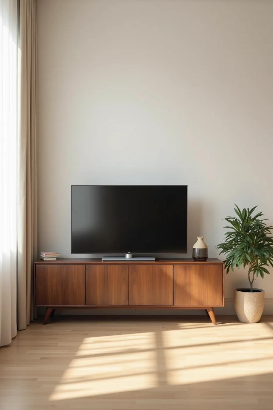 Walnut console table with flat-screen TV on top, closed cabinet doors below, and potted plant beside it on light wood