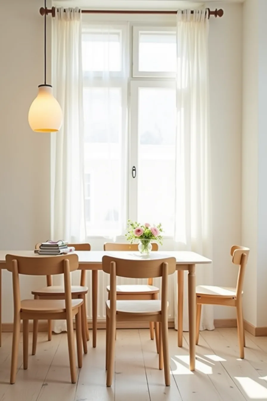 Four wooden chairs arranged around a dining table in a bright room with open circulation space.