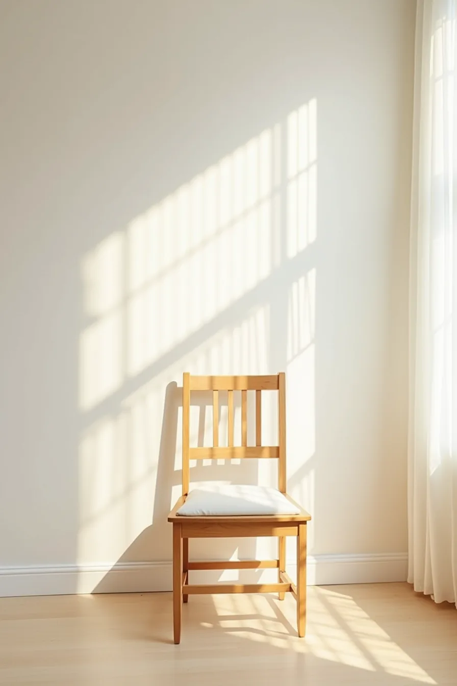 Pine wooden chair with natural grain in an empty room with neutral walls.