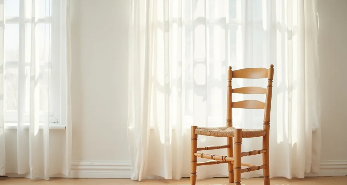 Wooden chair with turned legs and woven rush seat against a neutral wall, viewed from three-quarter angle.