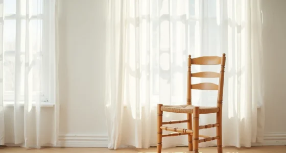Wooden chair with turned legs and woven rush seat against a neutral wall, viewed from three-quarter angle.