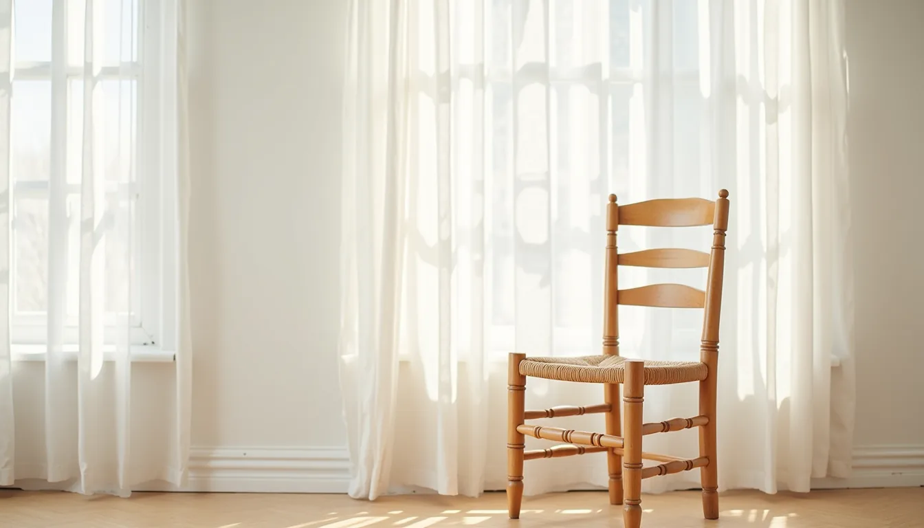 Wooden chair with turned legs and woven rush seat against a neutral wall, viewed from three-quarter angle.