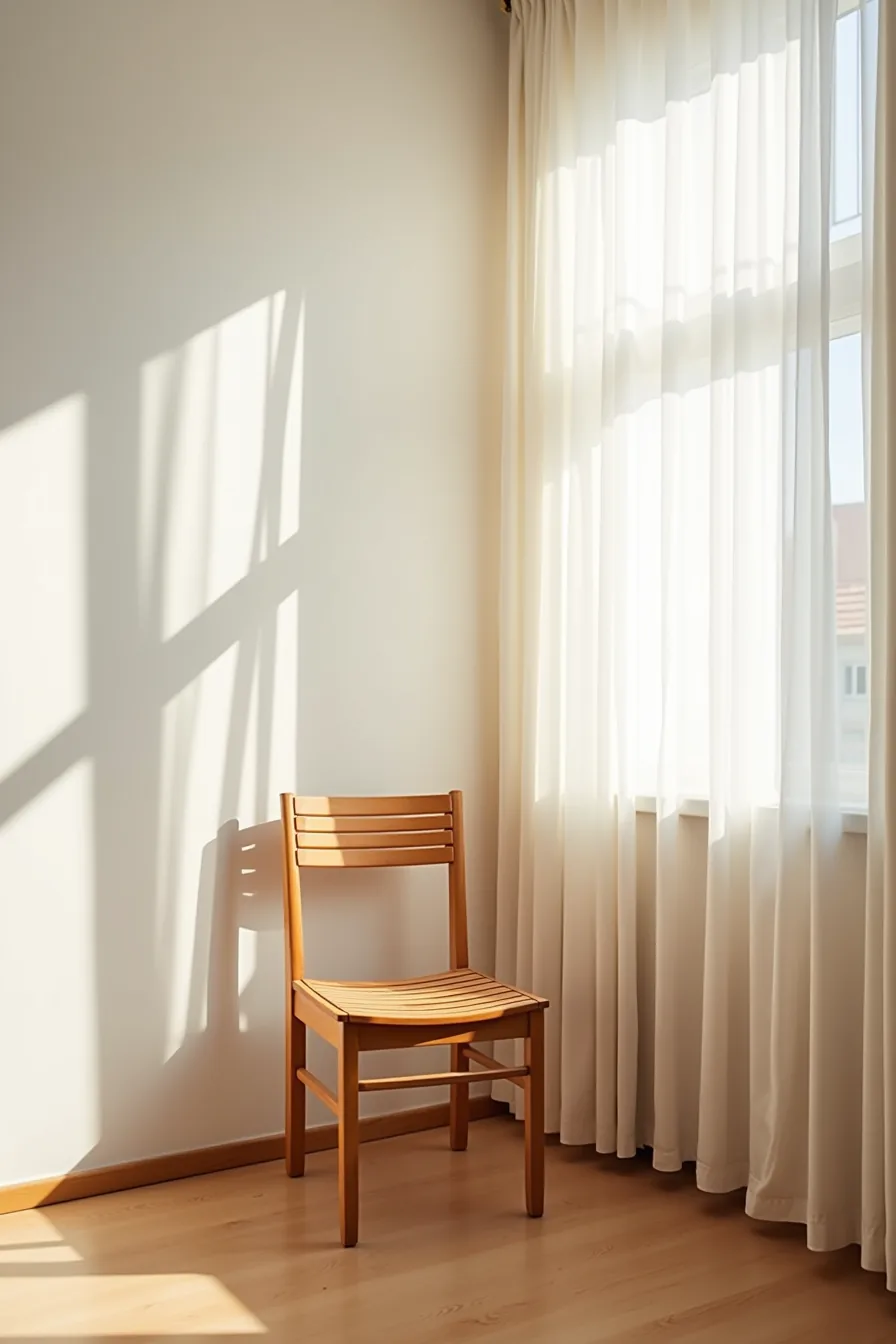Slatted wooden chair in a corner nook next to a small side table, viewed from above.