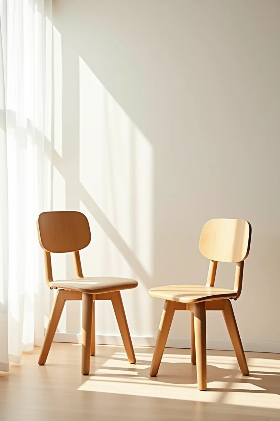 Two wooden chairs with tapered angled legs in different sizes positioned side by side.