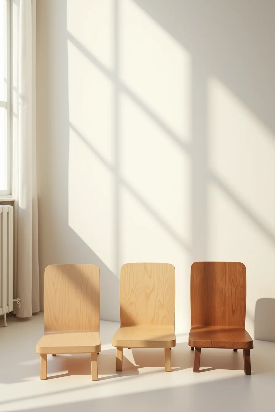 Three wood samples displaying matte oil, satin wax, and warm stain finishes arranged overhead.