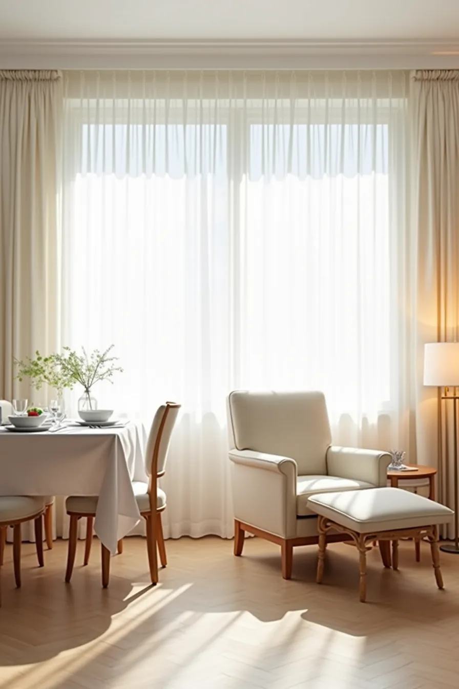 Two chairs shown in profile—a compact dining chair at a table on the left, a deeper lounge chair with footrest on the right.