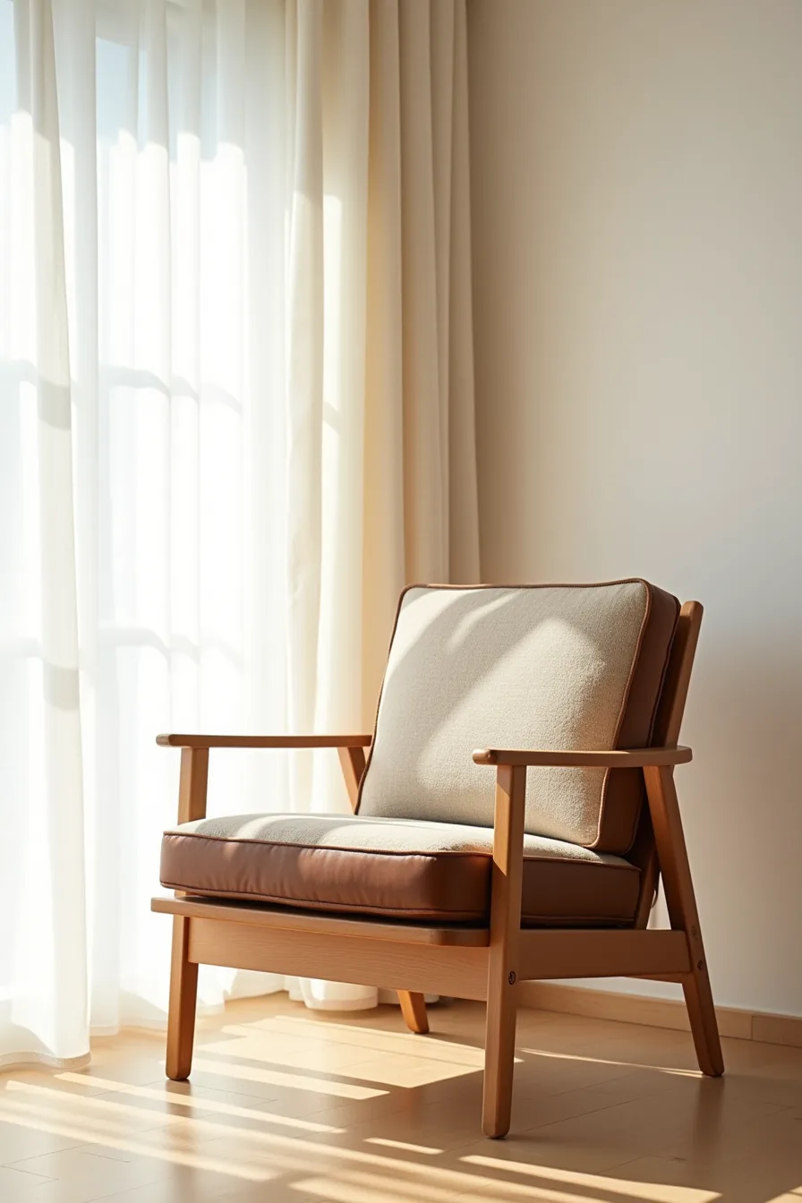 A chair showing three distinct material finishes—light fabric, dark leather, and natural wood frame—with textures