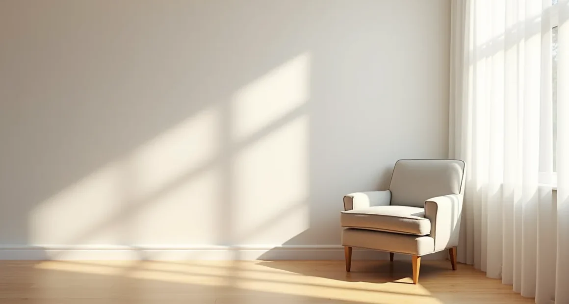 Overhead view of an upholstered armchair angled in a corner with its shadow cast on hardwood flooring.