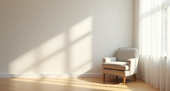 Overhead view of an upholstered armchair angled in a corner with its shadow cast on hardwood flooring.