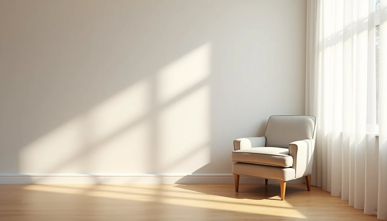 Overhead view of an upholstered armchair angled in a corner with its shadow cast on hardwood flooring.