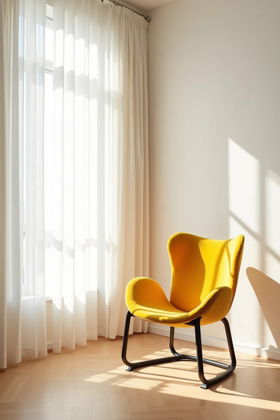 A sculptural chair with an unusual curved or geometric frame sits alone in a corner, shot to highlight its distinctive shape.