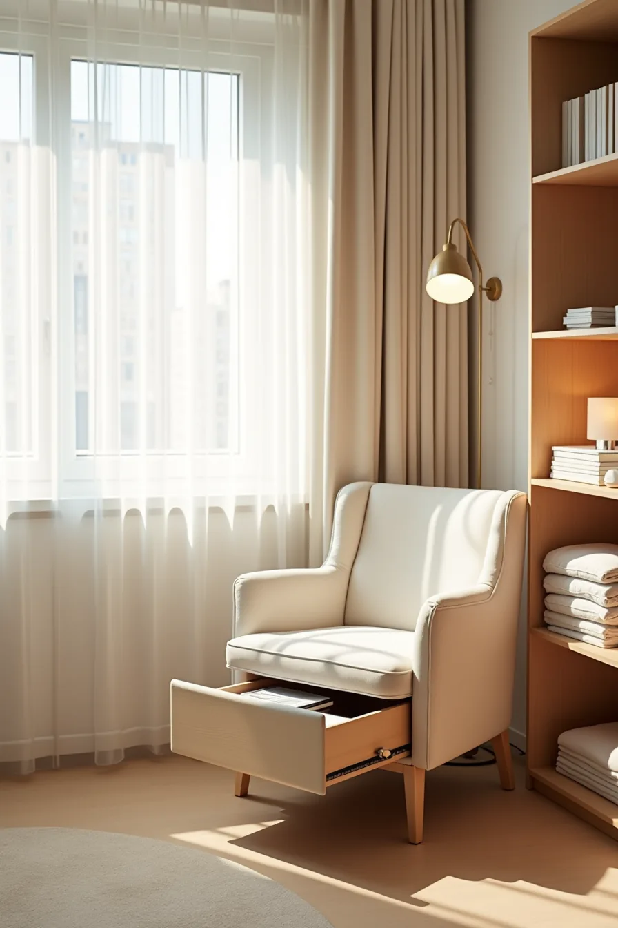 A chair with an under-seat storage drawer sits beside a reading lamp, with folded bedding visible on a nearby shelf.