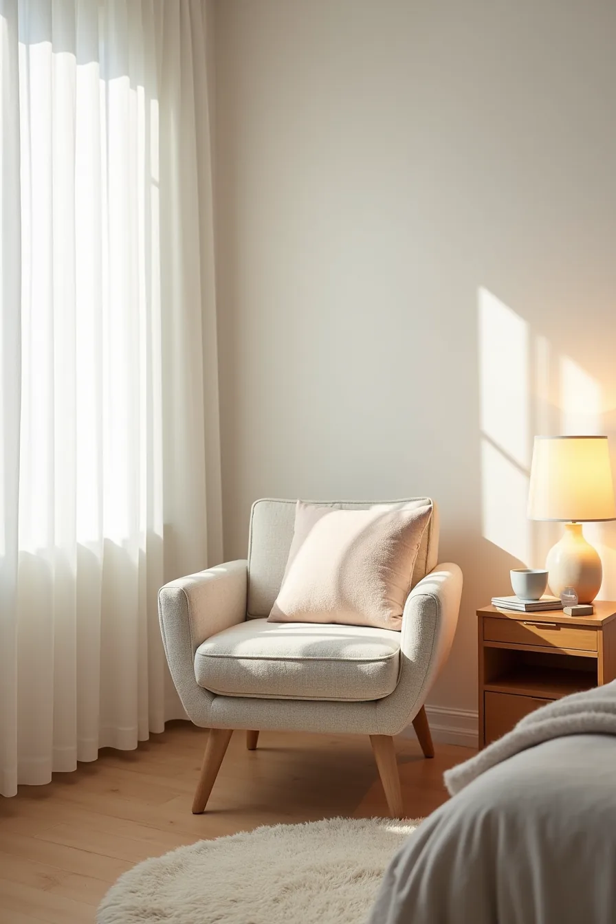 A cozy lounge chair in a bedroom corner with a throw blanket, wooden nightstand, and ceramic mug, lit by soft natural light.