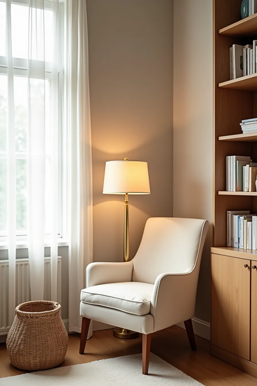 A compact chair fitted snugly into a narrow alcove beside a bookshelf, with a brass lamp and woven basket nearby.