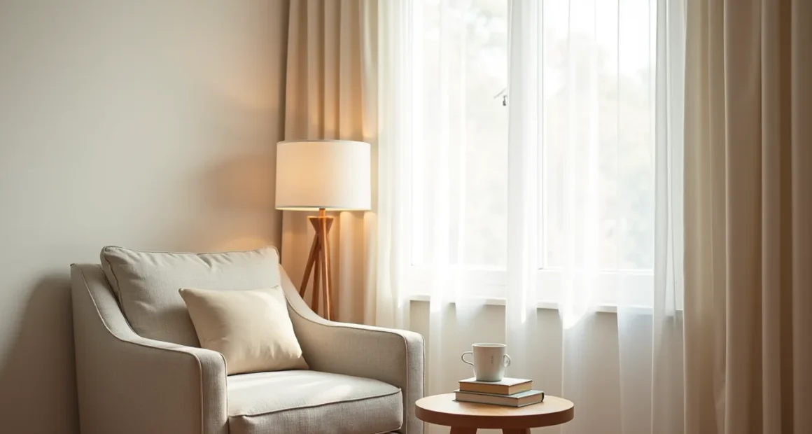 An upholstered armchair angled in a bright corner with a side table nearby, bathed in natural window light.