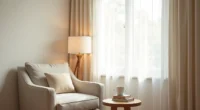 An upholstered armchair angled in a bright corner with a side table nearby, bathed in natural window light.