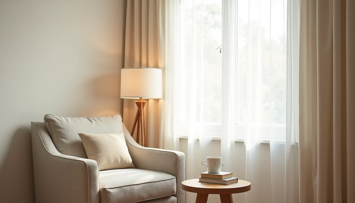 An upholstered armchair angled in a bright corner with a side table nearby, bathed in natural window light.
