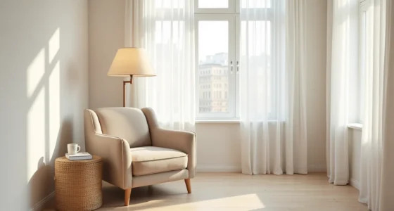 Overhead view of a centered upholstered armchair with round side table, floor lamp, and woven storage basket in a small pale