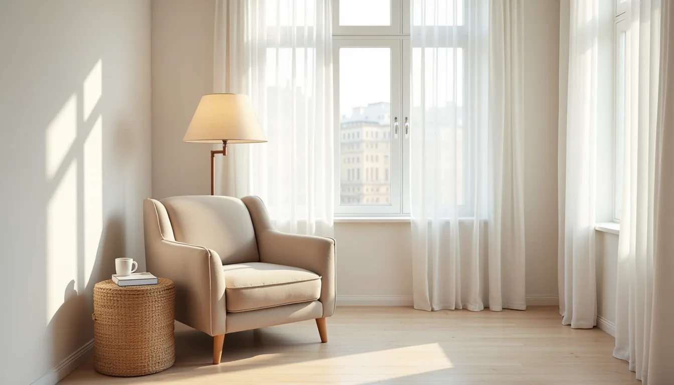 Overhead view of a centered upholstered armchair with round side table, floor lamp, and woven storage basket in a small pale