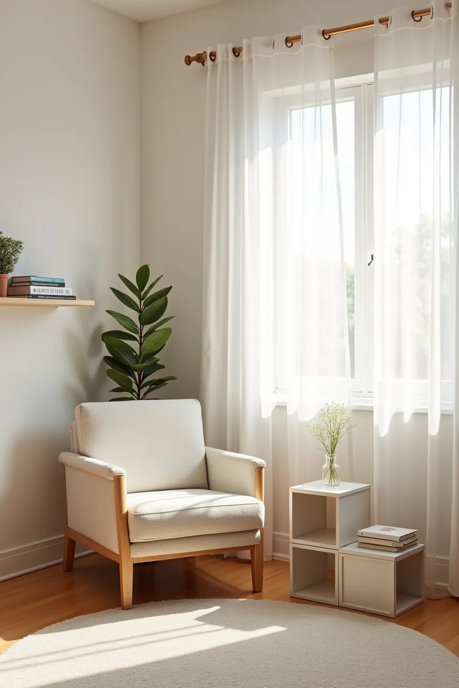 Rental-grade armchair on washable rug with lightweight side table, stacked storage cubes, wall shelving, and tension rod