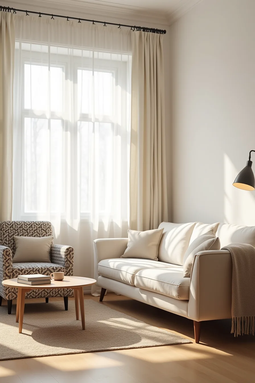L-shaped sectional with patterned accent chair, coffee table, and draped throw blanket viewed from above at 45 degrees.