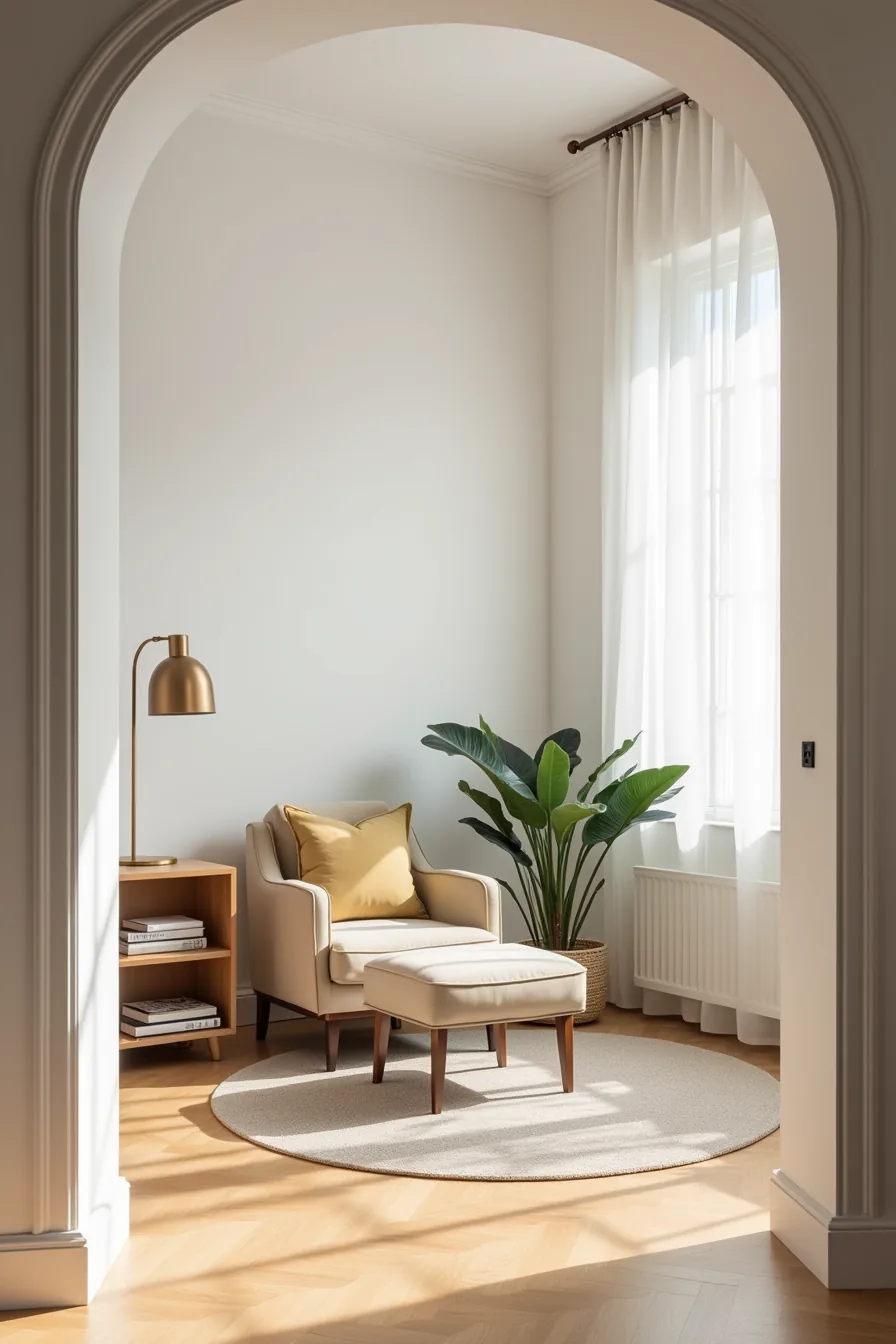 Studio corner with accent chair, media console, ottoman footrest, compact bookshelf, and potted plant viewed from the
