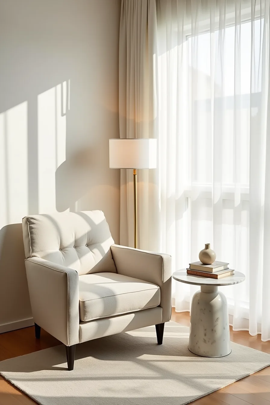 Tufted linen upholstered chair on wool rug with marble-top side table, brass floor lamp, and visible care tag.