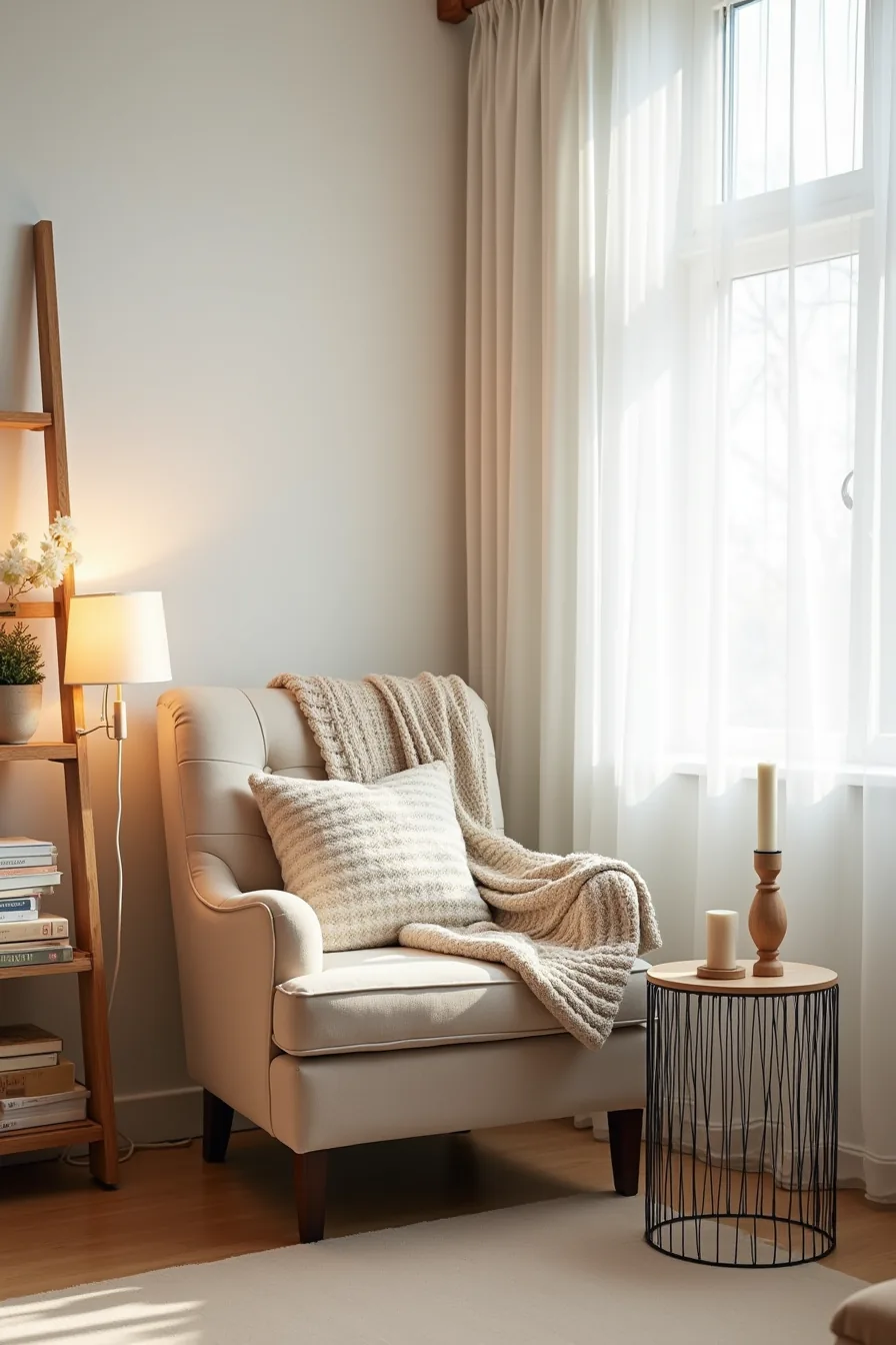 Vintage upholstered chair with patterned throw pillow, knit blanket, pallet-wood side table, candle, and wire shelving unit.