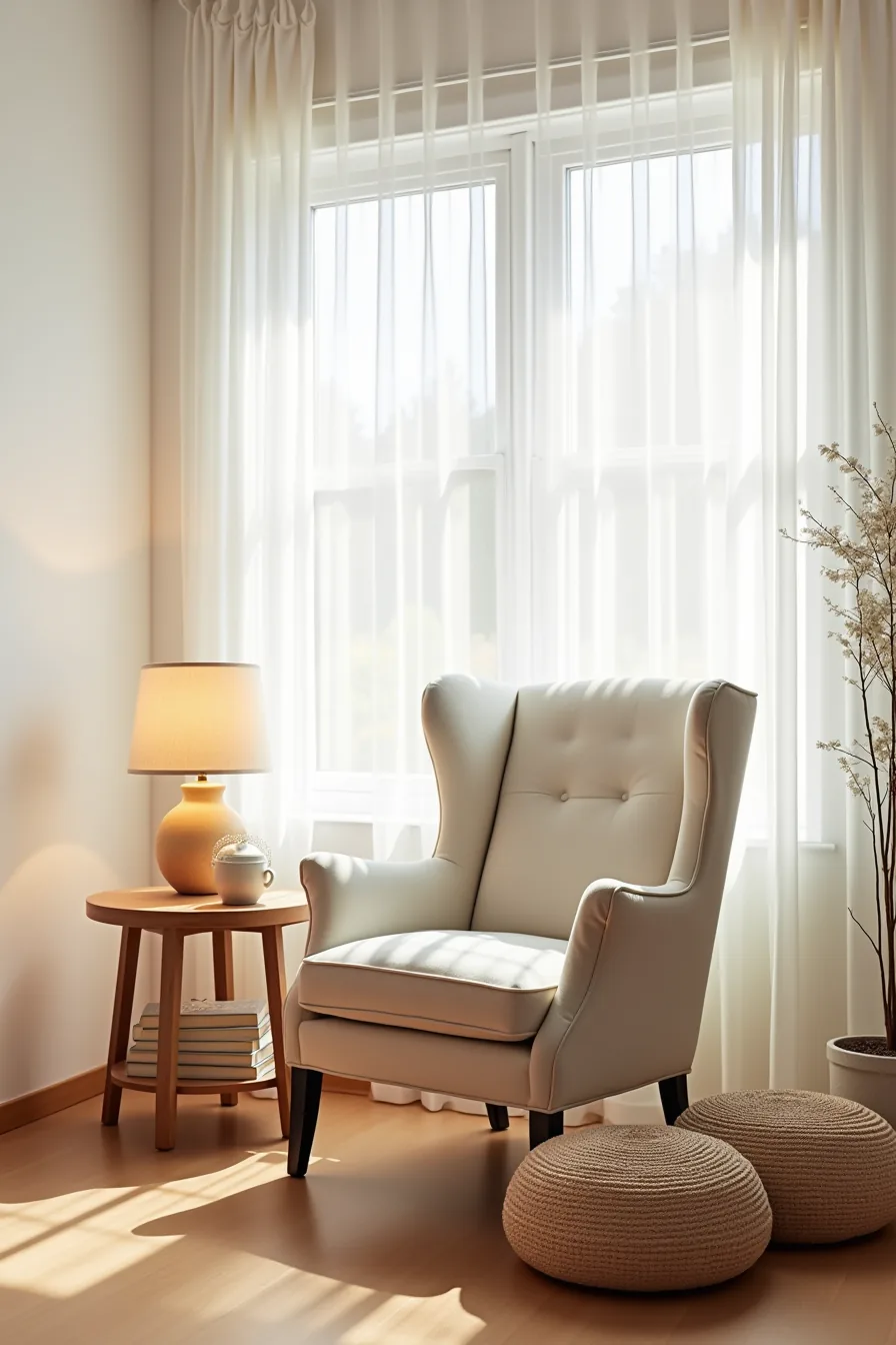 Wingback chair by a window with sheer curtains, wooden side table, reading lamp, stacked books, and woven poufs in natural