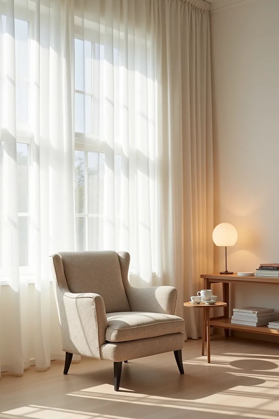 A boldly patterned single chair stands out as the focal point against muted neutral furniture and walls in the background.